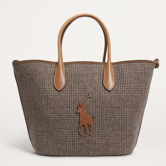 Polo Ralph Lauren Brown Plaid Wool Medium Bellport Tote Handbag w/Dust Bag - Picture 1 of 12
